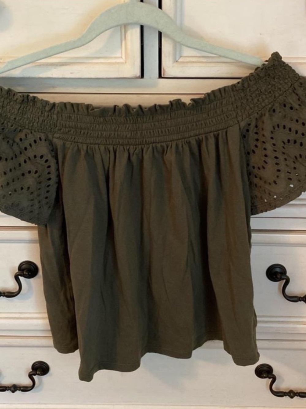 Express Olive Green Off Shoulder Cotton Boho Smocked Top XS - Picture 3 of 11